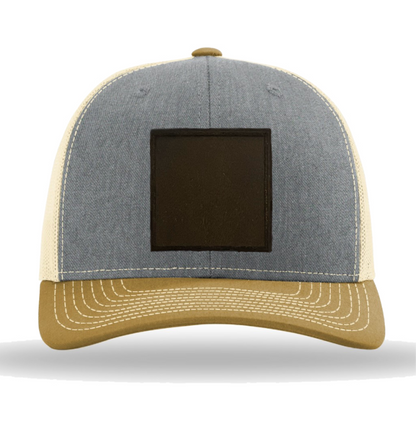 Heather Grey/ Birch/ Amber Gold Richardson Leather Patch Trucker Hat