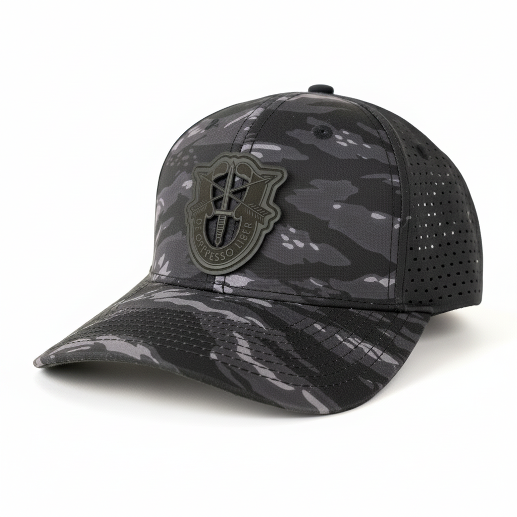 Gray camouflage SF Crest Hat centered on a pure white square background with consistent catalog framing