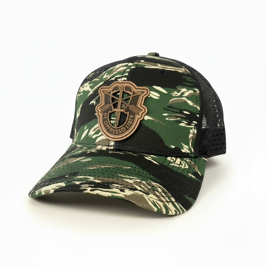 Green camouflage SF Crest Hat centered on a pure white square background with consistent catalog framing