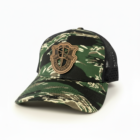 Green camouflage SF Crest Hat centered on a pure white square background with consistent catalog framing