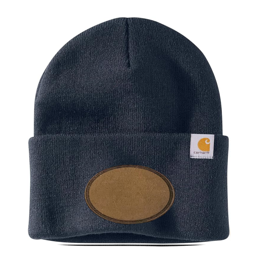 Navy Carhartt Leather Patch Beanie