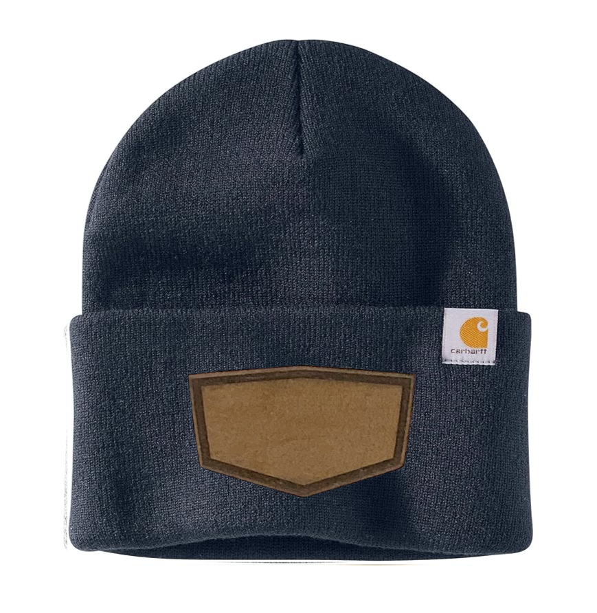 Navy Carhartt Leather Patch Beanie
