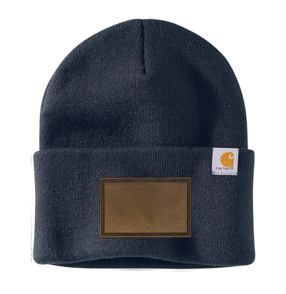 Navy Carhartt Leather Patch Beanie