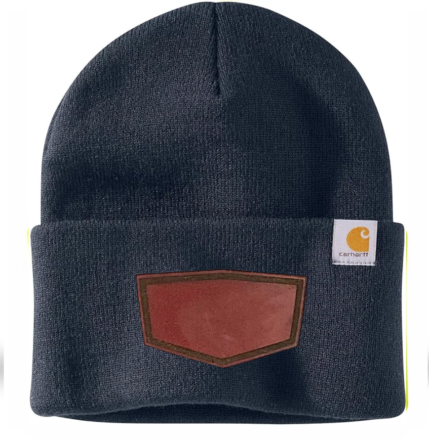 Navy Carhartt Leather Patch Beanie