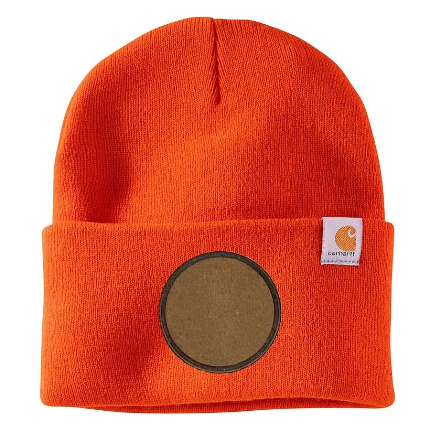 Bright Orange Carhartt Leather Patch Beanie