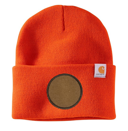 Bright Orange Carhartt Leather Patch Beanie