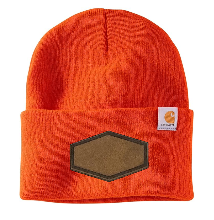 Bright Orange Carhartt Leather Patch Beanie