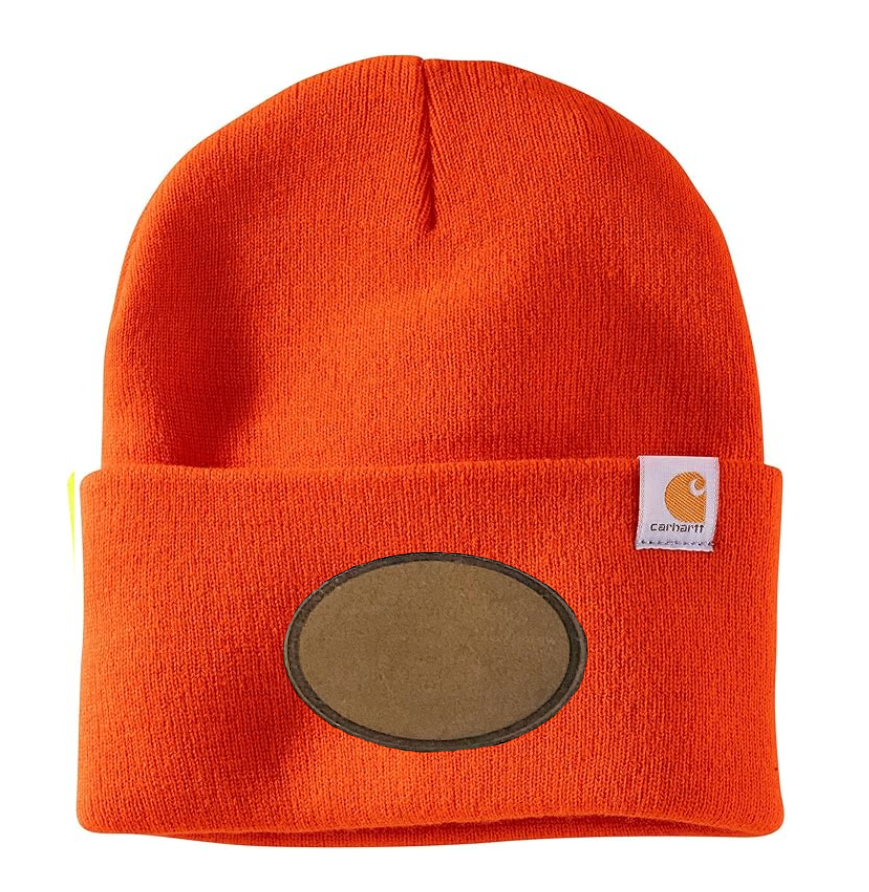 Bright Orange Carhartt Leather Patch Beanie