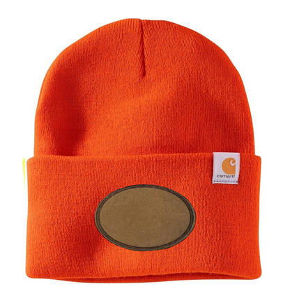 Bright Orange Carhartt Leather Patch Beanie