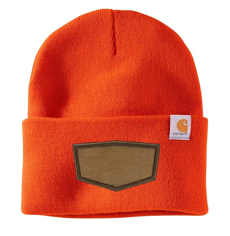 Bright Orange Carhartt Leather Patch Beanie