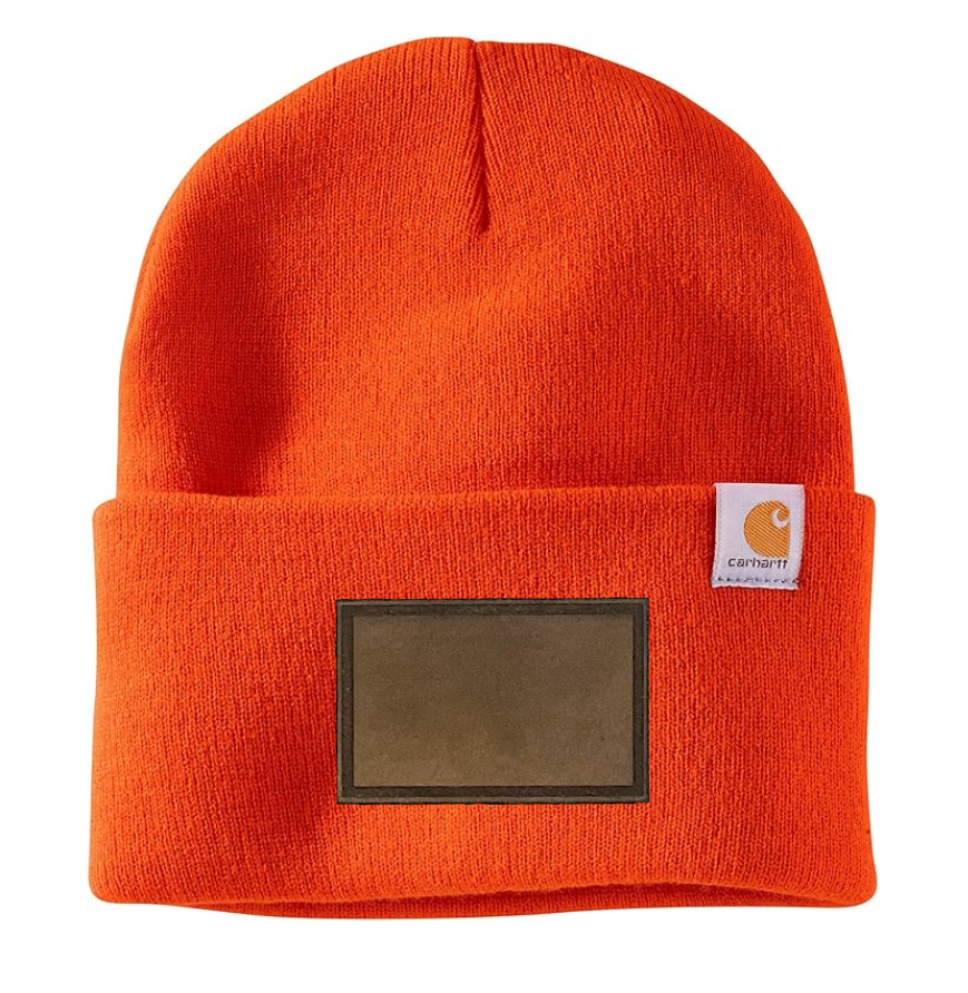 Bright Orange Carhartt Leather Patch Beanie