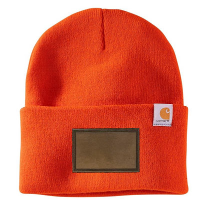 Bright Orange Carhartt Leather Patch Beanie