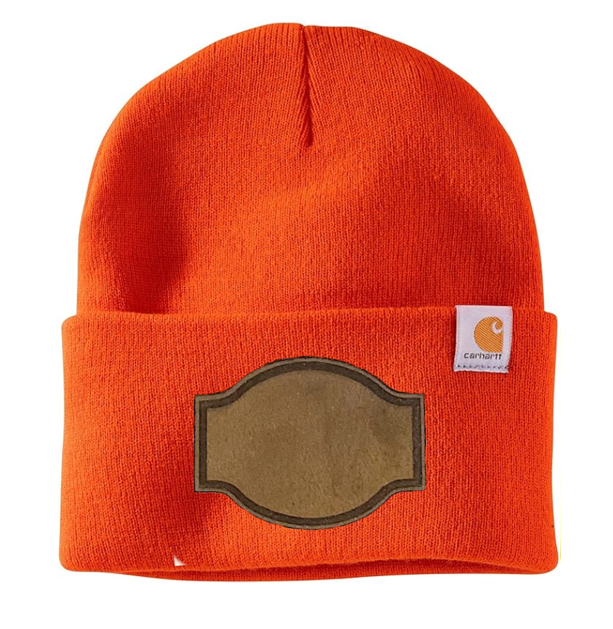 Bright Orange Carhartt Leather Patch Beanie