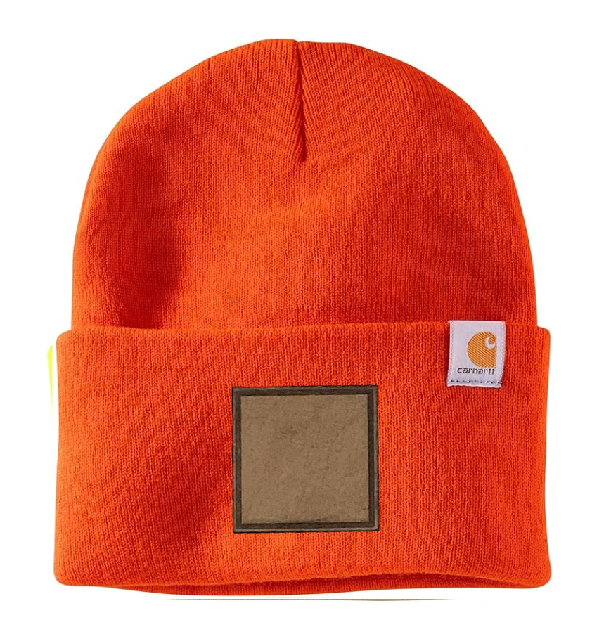 Bright Orange Carhartt Leather Patch Beanie