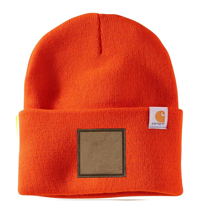 Bright Orange Carhartt Leather Patch Beanie