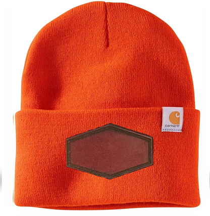 Bright Orange Carhartt Leather Patch Beanie