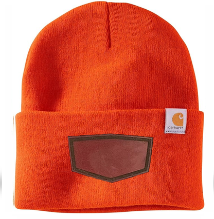 Bright Orange Carhartt Leather Patch Beanie