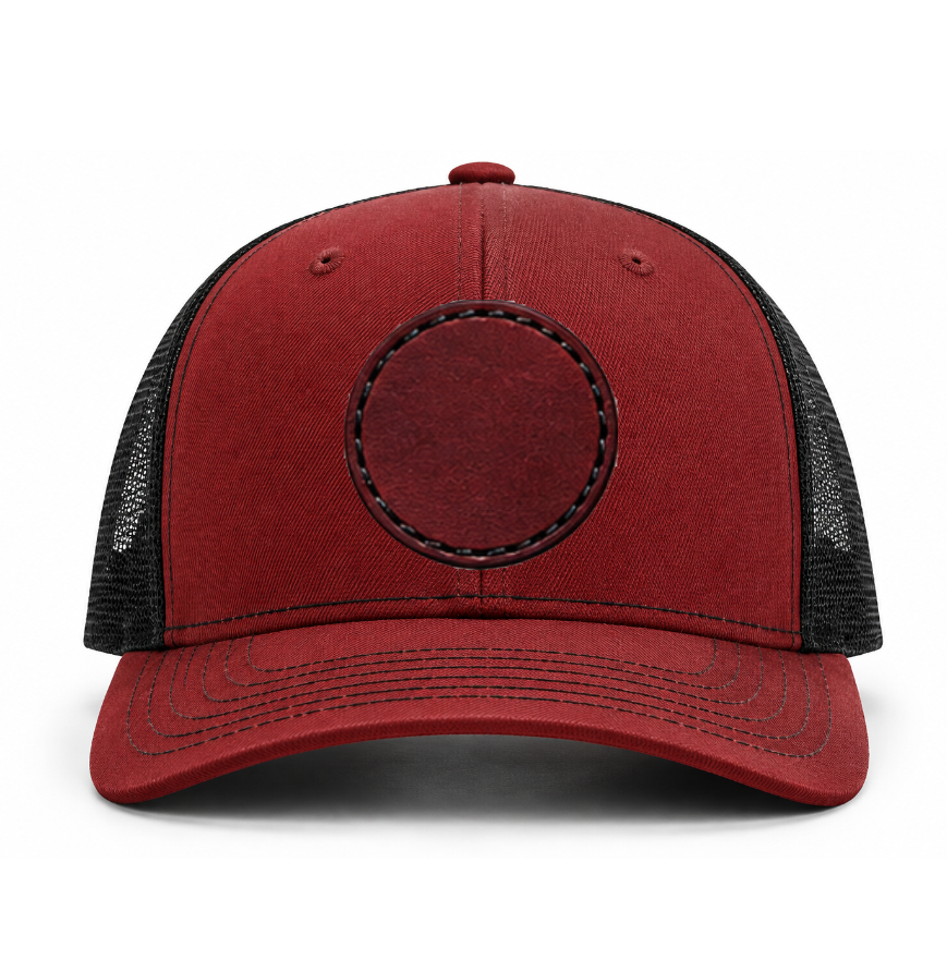 Cardinal/ Black Richardson Leather Patch Trucker Hat