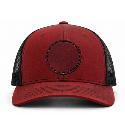 Cardinal/ Black Richardson Leather Patch Trucker Hat