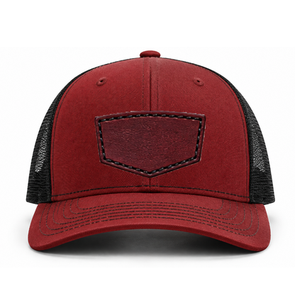 Cardinal/ Black Richardson Leather Patch Trucker Hat