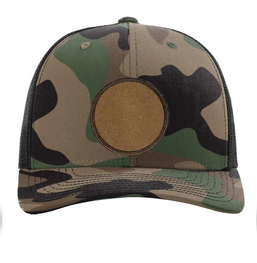 Woodland Camo/ Black Richardson Leather Patch Trucker Hat