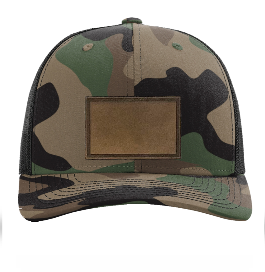 Woodland Camo/ Black Richardson Leather Patch Trucker Hat