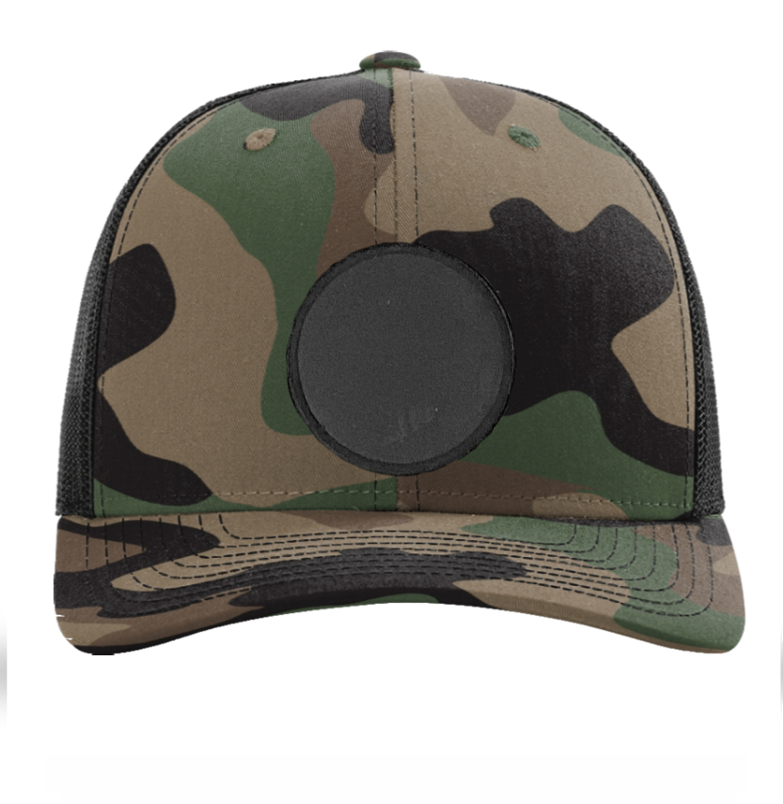 Woodland Camo/ Black Richardson Leather Patch Trucker Hat