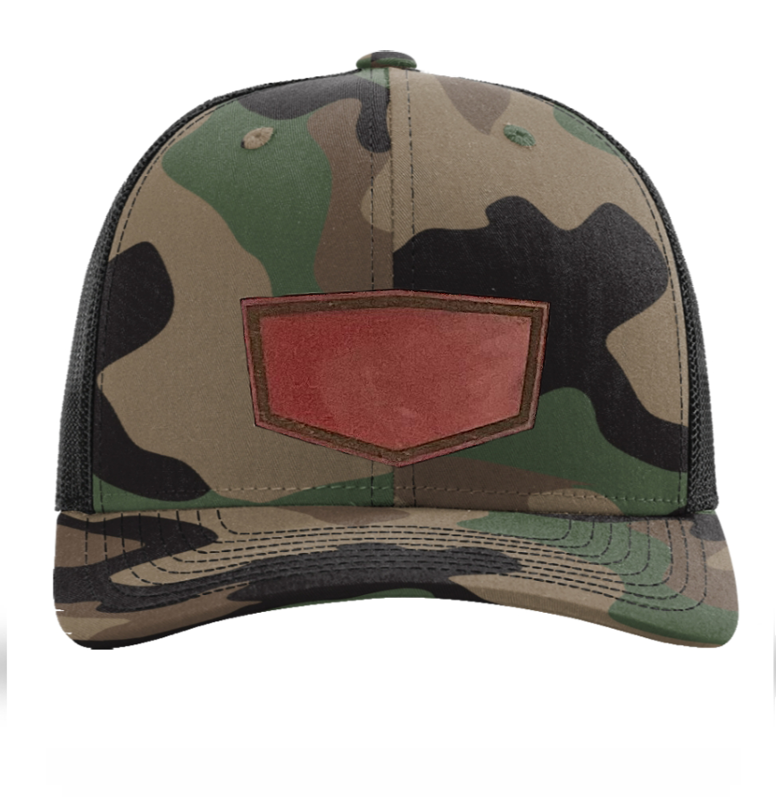 Woodland Camo/ Black Richardson Leather Patch Trucker Hat