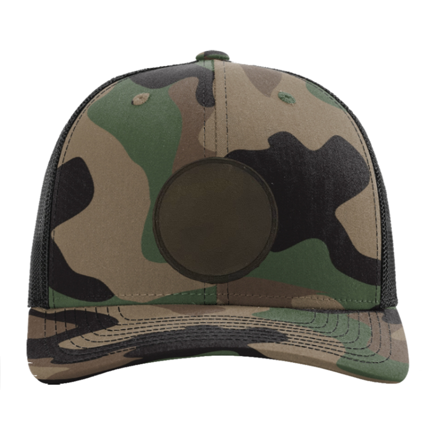 Woodland Camo/ Black Richardson Leather Patch Trucker Hat